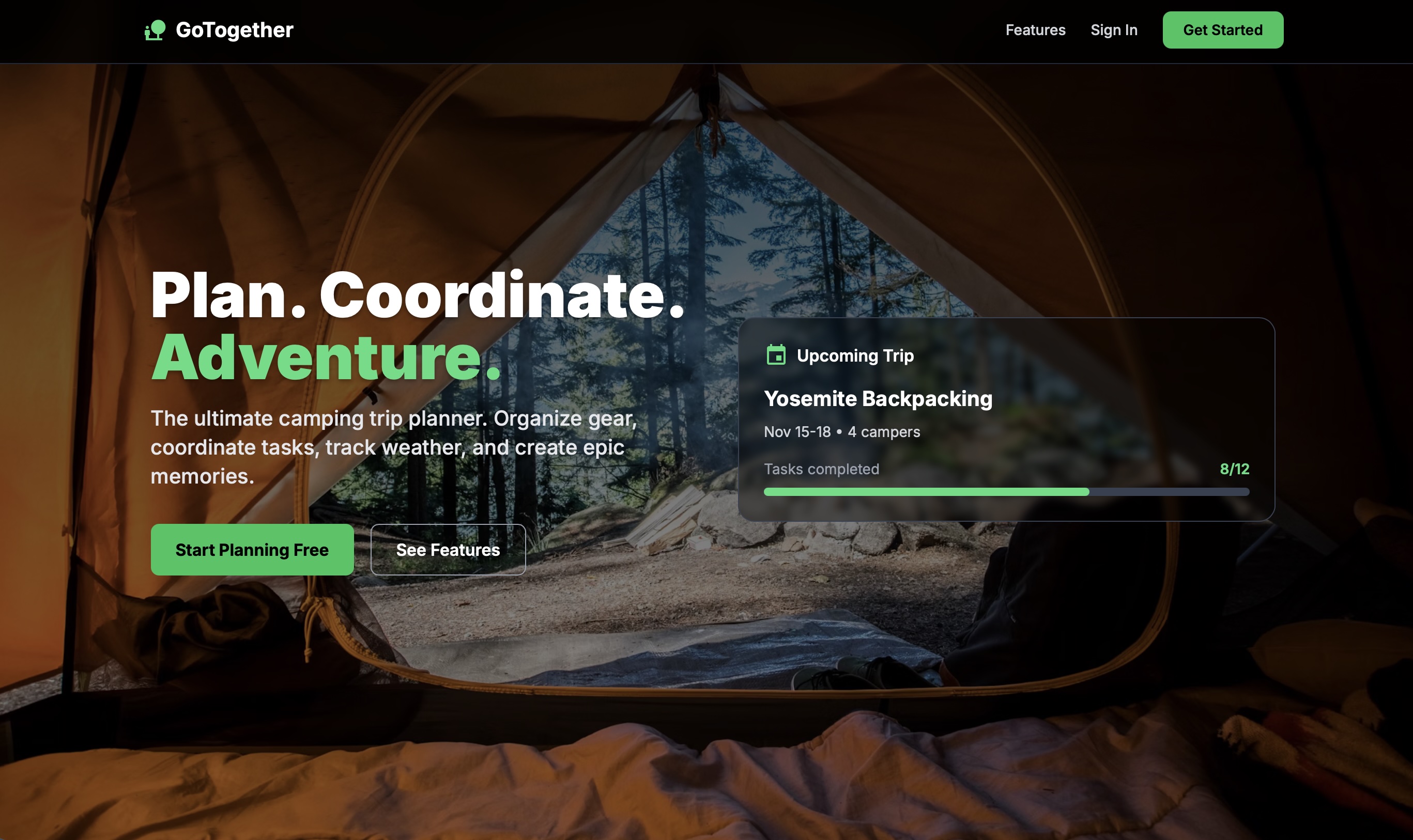 GoTogether app homepage showing Plan. Coordinate. Adventure. with Yosemite Backpacking trip example