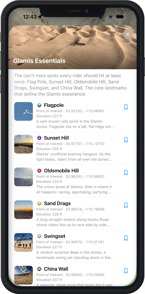 Glamis Essentials collection: a list of can't-miss spots like Flagpole and Oldsmobile Hill, each with its own custom symbol