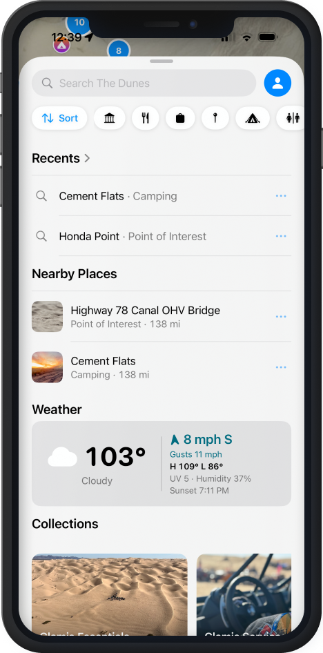 Explore panel with search, filter chips, Recents, Nearby places, current weather, and Collections