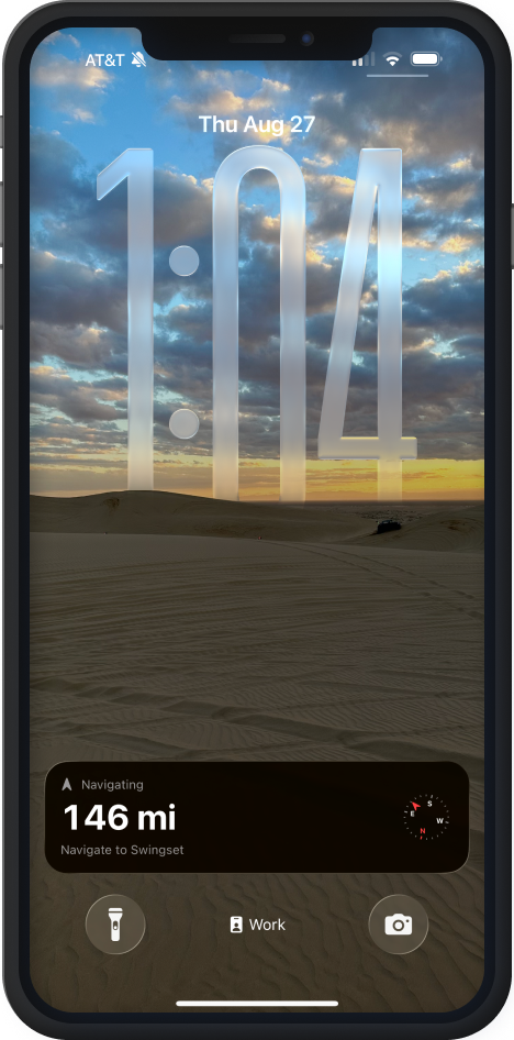 iPhone Lock Screen with a Glamis Map Live Activity showing live distance and bearing to Swingset
