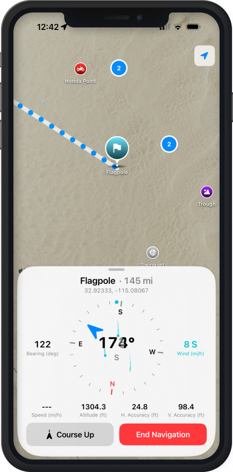 Glamis Map navigating to Flagpole: a straight dotted line across the aerial map, with a compass card showing bearing, wind, speed, and altitude