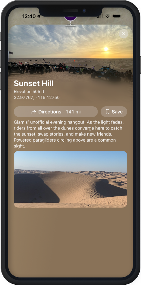 Sunset Hill location card: full-bleed sunset photo, 505 ft elevation, coordinates, description, and photo gallery